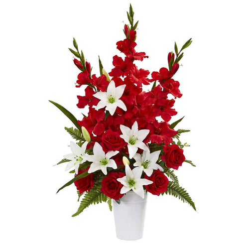 Mixed Flowers Artificial Arrangement in White Vase
