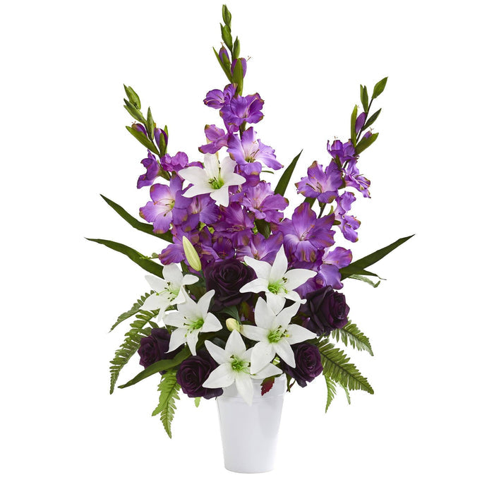 Mixed Flowers Artificial Arrangement in White Vase
