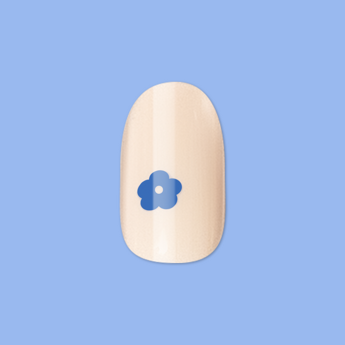 Mod Flowers | Short | Round - Tab Press-On neutral polish with simple modern blue flower design on single nail tip