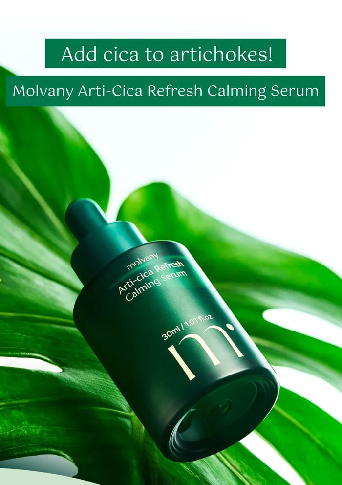 Molvany Anti-Cica Refresh Calming Serum bottle with green leaves in the background
