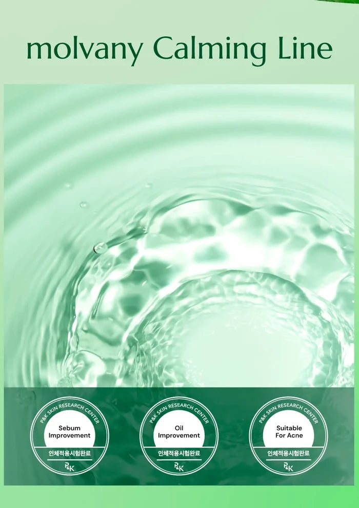 Molvany Calming Line product packaging with water droplet design on a green background