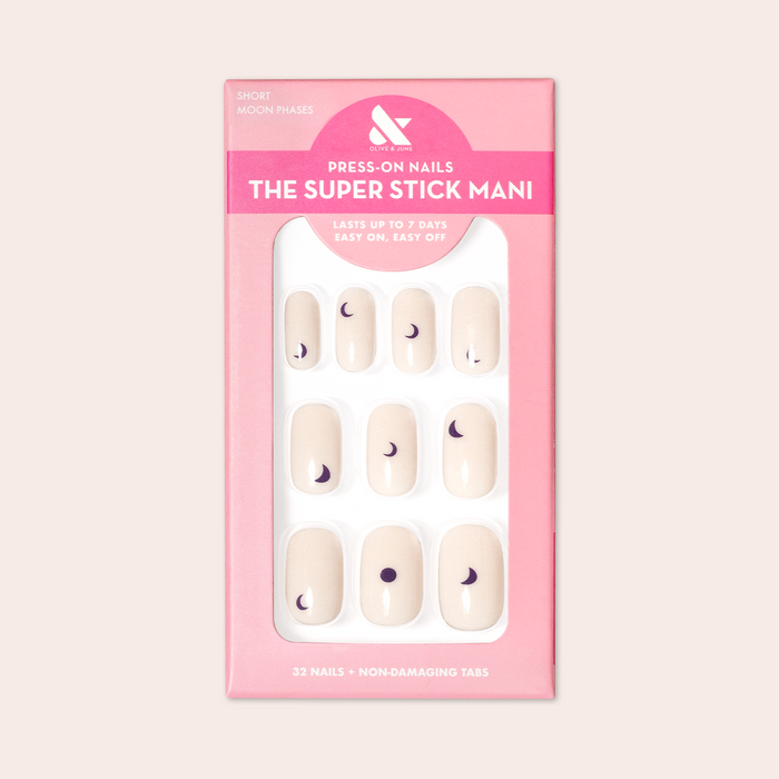 Moon Phases | Short | Squoval - Tab Press-On nails with neutral base and dark moon phase designs in pink packaging