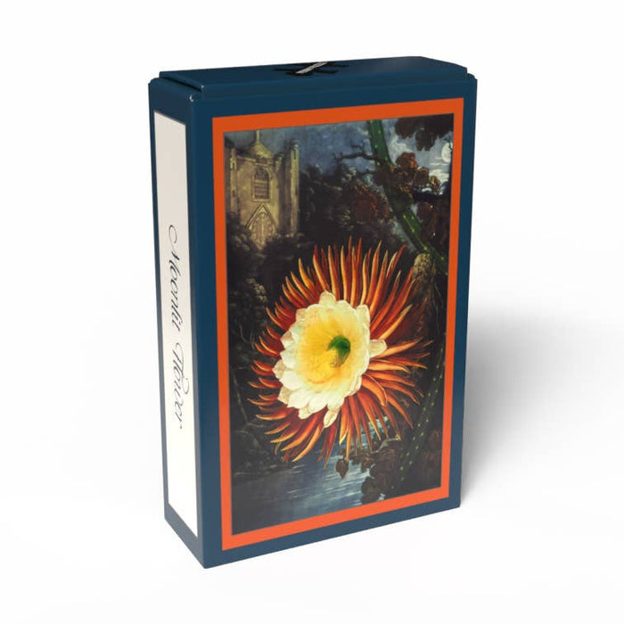 A rectangular box from Penny Puzzle features an illustration of an orange and white flower with green leaves, set against a richly detailed dark background with a building—evoking the botanical artistry of the Temple of Flora. The side reads: Moonlit Flower | 99 Piece Jigsaw Puzzle.