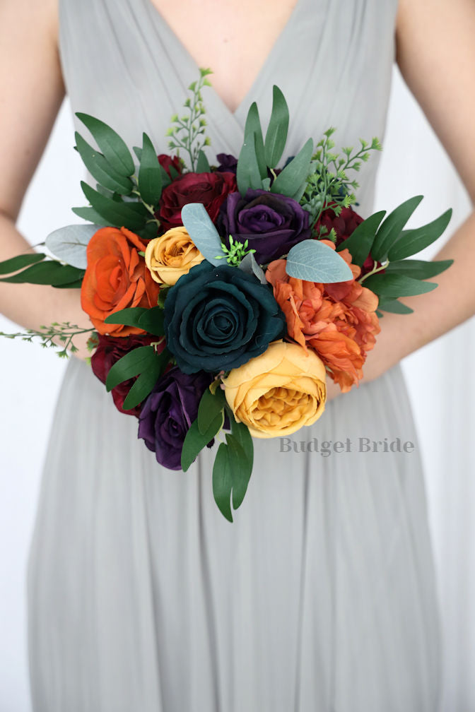 Mustard, Plum and Burnt Orange Silk Wedding Bouquet  - $195.00| Romans
