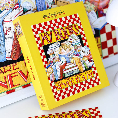 Sure! Here’s a rewritten version using the provided data: The WEVE My Books 500 Piece Jigsaw Puzzle is crafted from premium blue board and features an enchanting Mary Engelbreit illustration of a person surrounded by stacks of books.