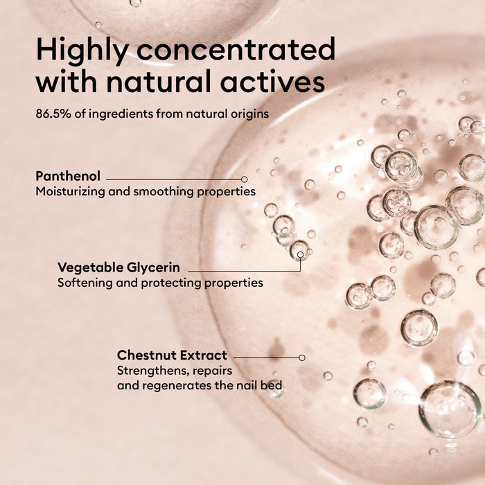 A close-up of Manucurist Nail Hydrating Serum’s clear gel with bubbles, highlighting three natural actives: Panthenol (moisturizing), Vegetable Glycerin (softening), and Chestnut Extract for repairing damaged nails. Light, soft-focus background.