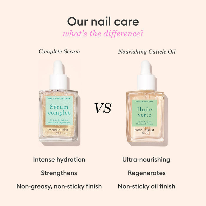 Two glass dropper bottles of nail care products are shown side by side on a pale pink background. The right bottle features “Nourishing Cuticle Oil” by Manucurist, which hydrates nails and nourishes cuticles.