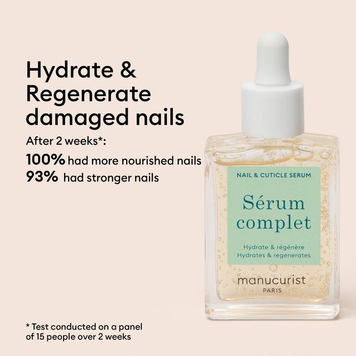 A clear bottle of Manucurist Nail Moisturizing Duo is shown, highlighting hydration and regeneration. This vitamin-enriched formula gives 100% more nourished, healthy nails and 93% stronger nails in 2 weeks, based on a 15-person panel.