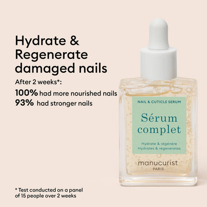A clear bottle of Manucurist Nail Moisturizing Duo is shown, highlighting hydration and regeneration. This vitamin-enriched formula gives 100% more nourished, healthy nails and 93% stronger nails in 2 weeks, based on a 15-person panel.