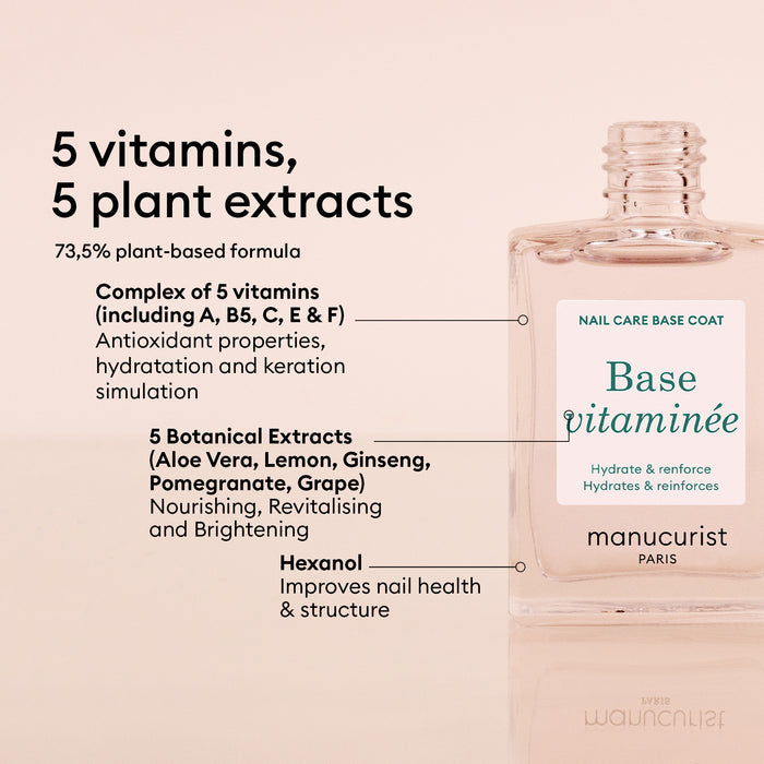 A bottle of Manucurist Nail Moisturizing Duo rests on a soft pink background, highlighting its formula with 5 vitamins, 5 plant extracts, and 73.5% plant-based ingredients to hydrate and promote healthy nails.