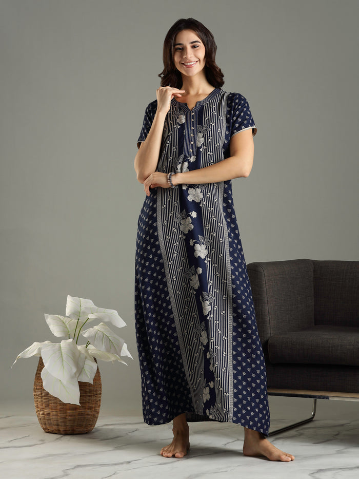 Navy Blue Floral Printed Alpine Designer Nighty for Women