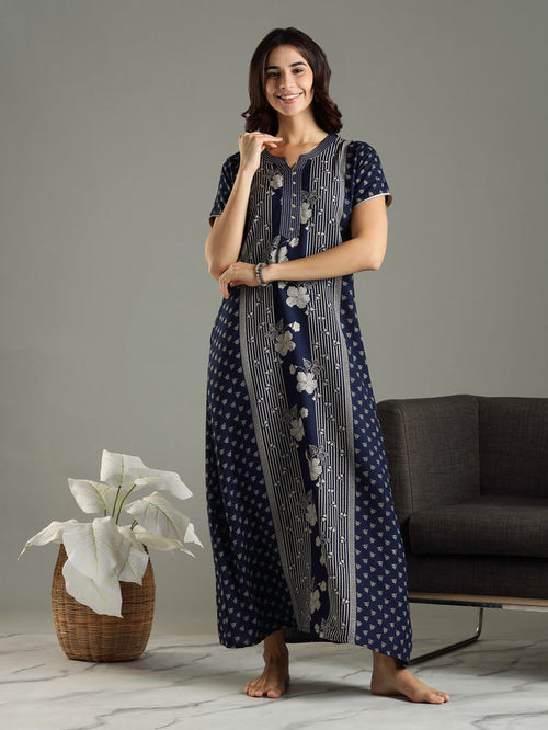 Navy Blue Floral Printed Alpine Designer Nighty for Women