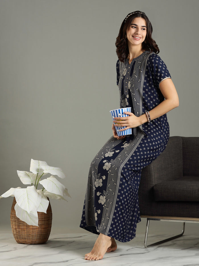 Navy Blue Floral Printed Alpine Designer Nighty for Women