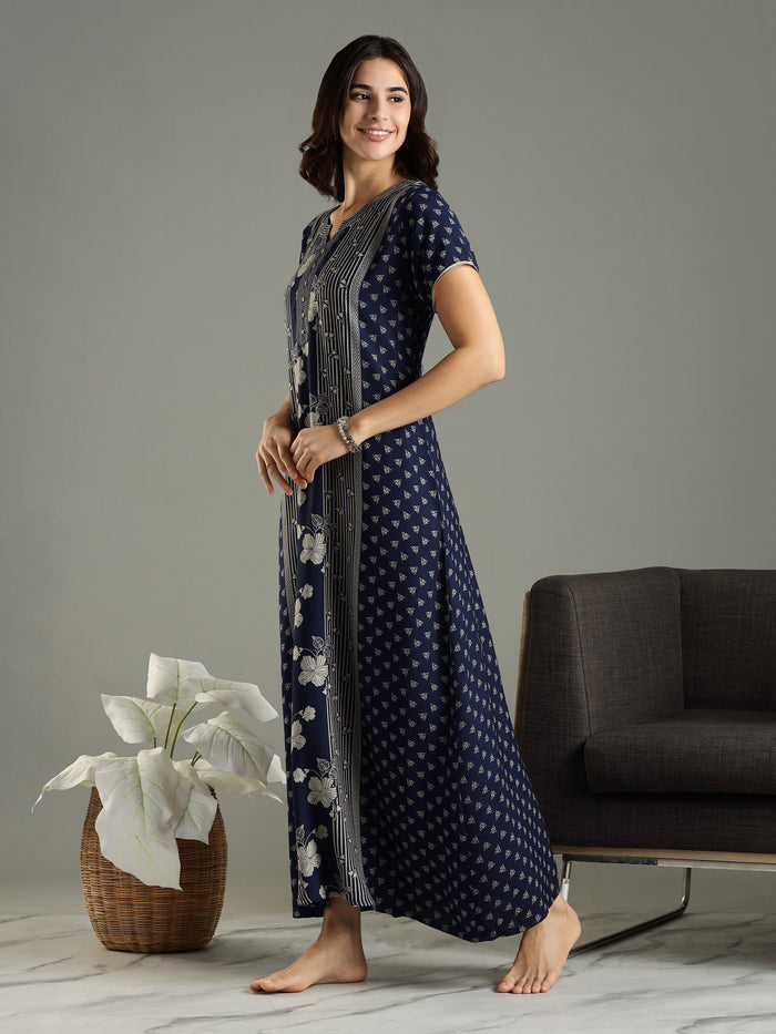 Navy Blue Floral Printed Alpine Designer Nighty for Women