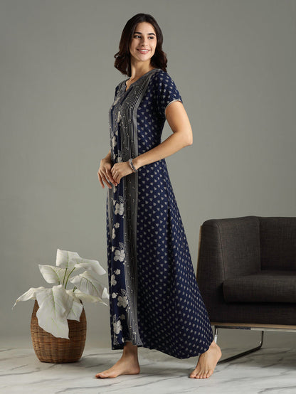 Navy Blue Floral Printed Alpine Designer Nighty for Women