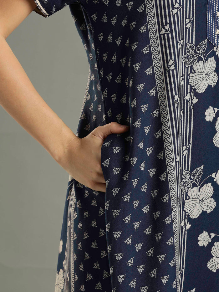 Navy Blue Floral Printed Alpine Designer Nighty for Women