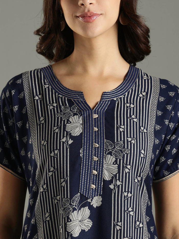 Navy Blue Floral Printed Alpine Designer Nighty for Women