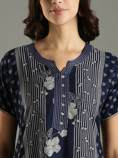 Navy Blue Floral Printed Alpine Designer Nighty for Women