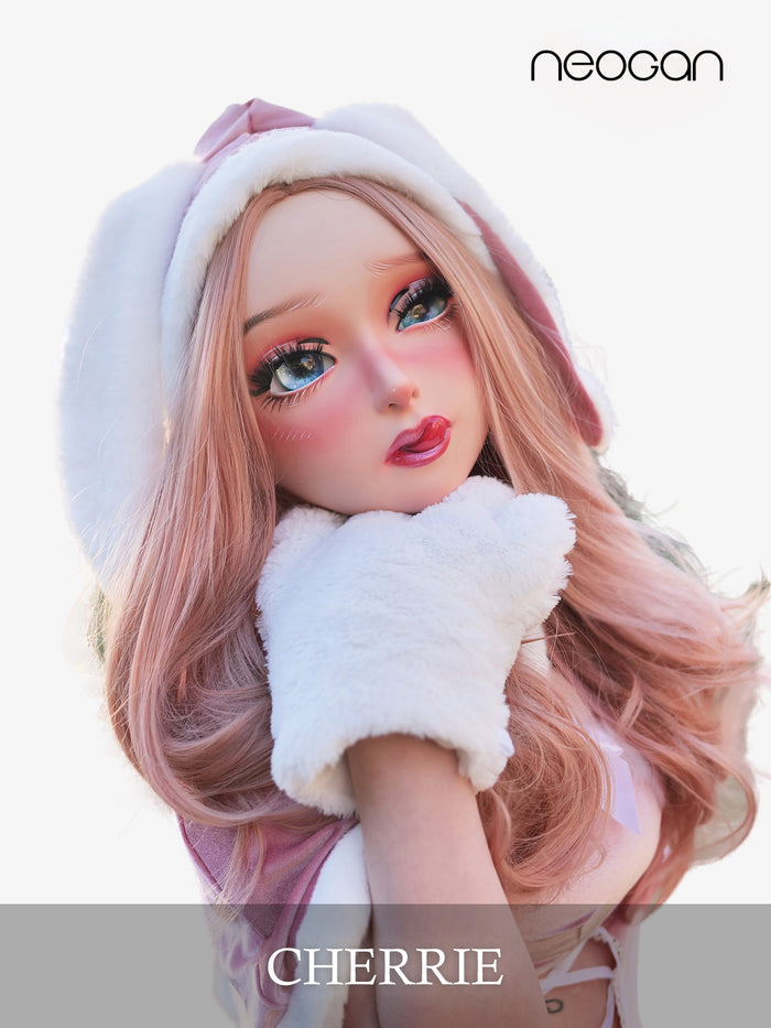 Inthemask by Moli's NEOGAN Cherrie female doll mask with gag and latex hood, featuring realistic facial details and accessories.