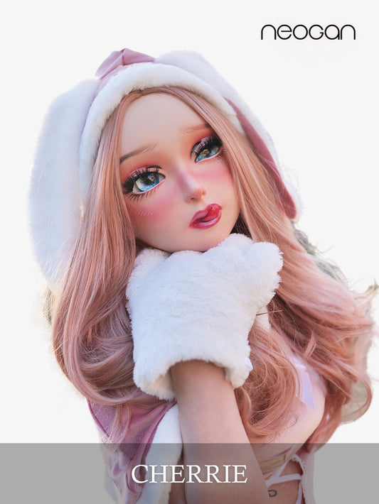 Inthemask by Moli's NEOGAN Cherrie female doll mask with gag and latex hood, featuring realistic facial details and accessories.