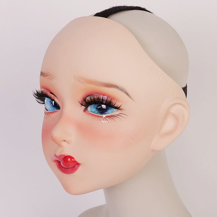 Inthemask by Moli's NEOGAN Cherrie female doll mask with pink latex hood and gag, featuring detailed facial paint and realistic design.