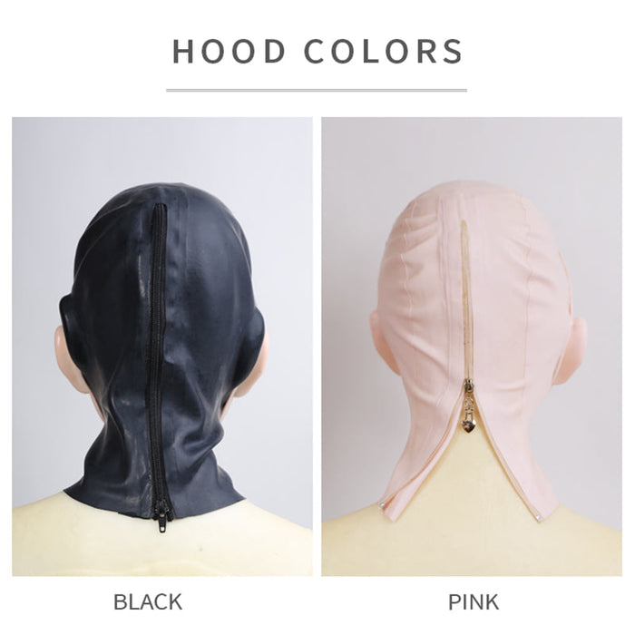 Neogan Cherrie female doll mask by Inthemask, pink latex hood with gag, detailed facial features, size 56-62cm, realistic and expressive.