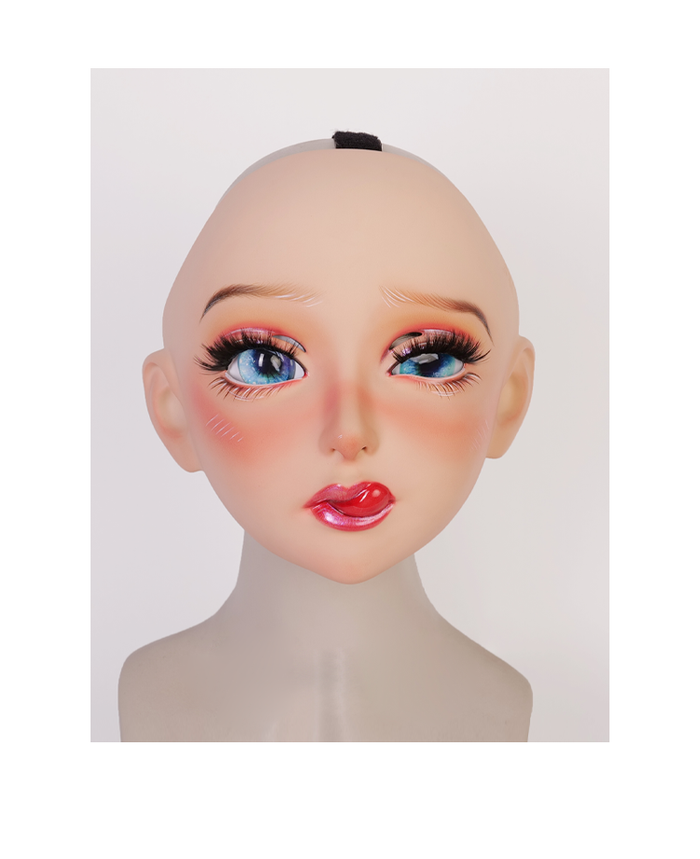 Neogan Cherrie female doll mask by Inthemask, pink latex hood, with gag and detailed facial features, size L 56-62cm.