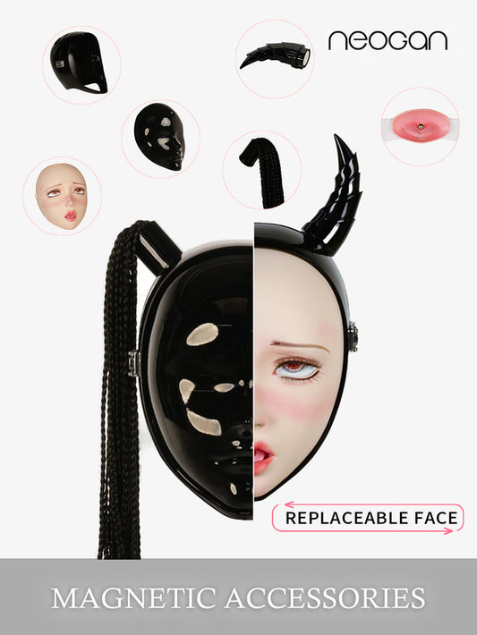 InTheMask by MOLIS NEOGAN Disguiser replacement face, ponytail, and oral accessories shown in detailed view