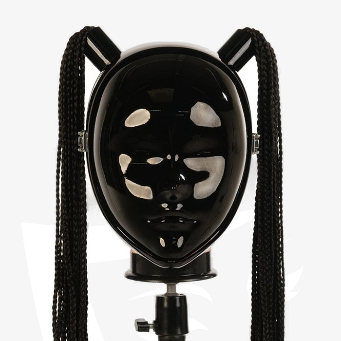 InTheMask by MOLIS NEOGAN Disguiser Black Mask with two ponytails and padlocks, featuring a sleek, theatrical design with bold details.