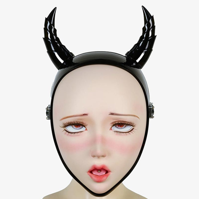 Black "Disguiser" mask with two ponytail attachments and padlocks, from InTheMask by MOLIS, shown on a model's face.