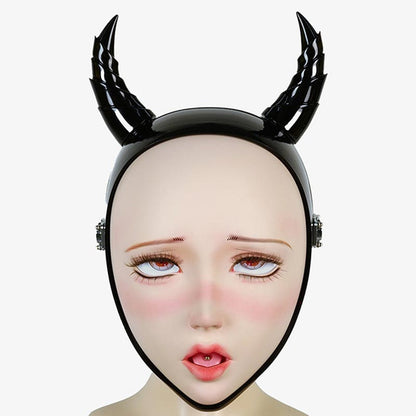 Black "Disguiser" mask with two ponytail attachments and padlocks, from InTheMask by MOLIS, shown on a model's face.