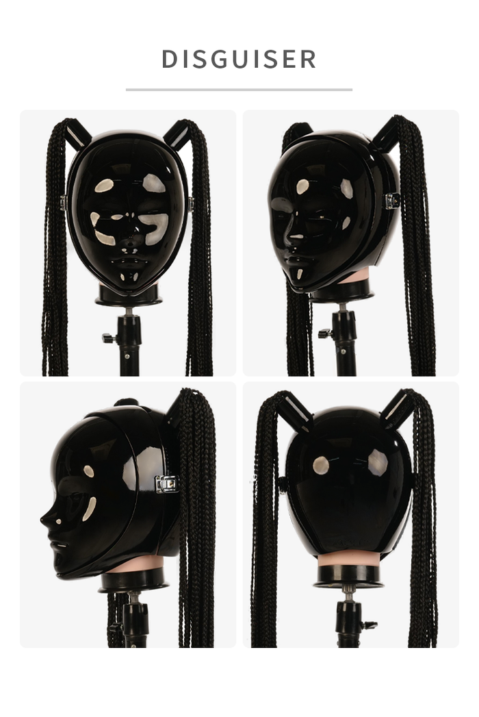 Black "Disguiser" mask with two ponytails and padlocks by InTheMask by MOLIS, featuring detailed facial design and accessories.