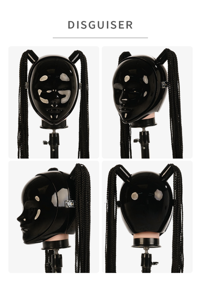 Black "Disguiser" mask with two ponytails and padlocks by InTheMask by MOLIS, featuring detailed facial design and accessories.