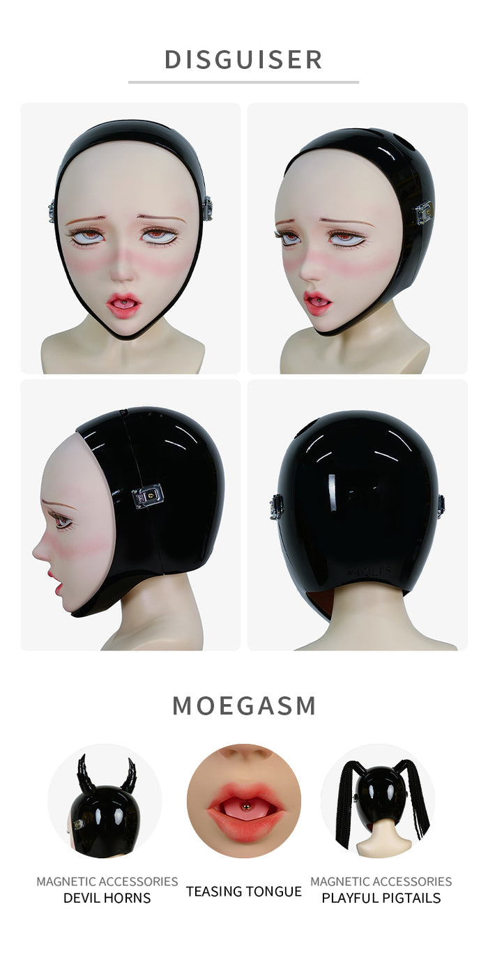 InTheMask by MOLIS NEOGAN Disguiser black mask with two ponytails and padlocks, detailed close-up of the mask's design and texture.