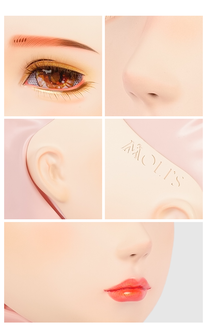 Neogan Tangerine female doll mask by Inthemask Moli's, featuring gag and latex hood, realistic facial features, and vibrant orange color.