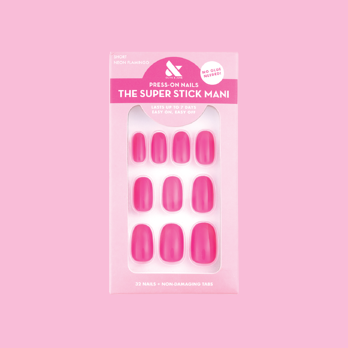 Neon Flamingo | Short | Round - Tab Press-On nails in bright true neon pink with non-damaging tabs in pink packaging