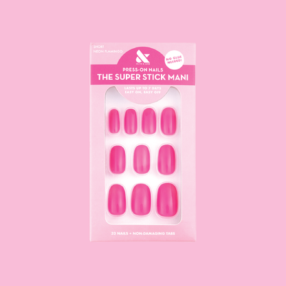 Neon Flamingo | Short | Round - Tab Press-On nails in bright true neon pink with non-damaging tabs in pink packaging