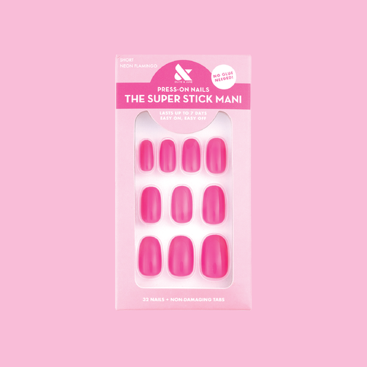 Neon Flamingo | Short | Round - Tab Press-On nails in bright true neon pink with non-damaging tabs in pink packaging