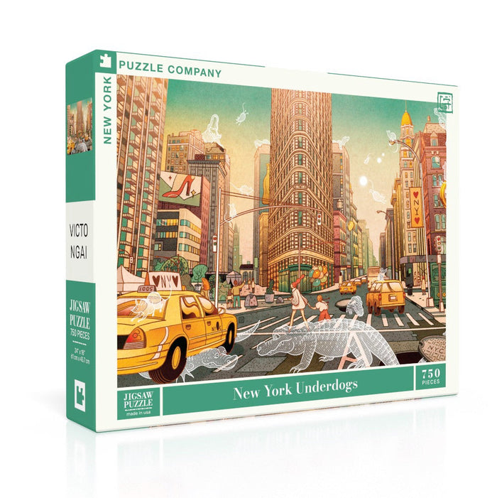 The New York Underdogs | 750 Piece Jigsaw Puzzle by New York Puzzle Company showcases Victo Ngai's whimsical illustrations of New York City streets, alive with taxis, pedestrians, and oversized transparent dogs.