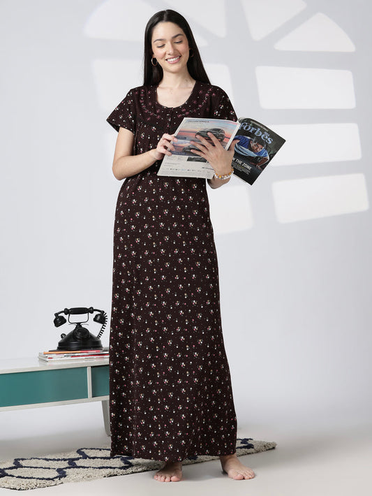 Cotton blend floral print soft feeding nighty for women