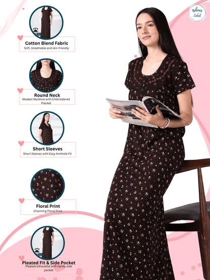Noor Cotton Blend Floral Print Nighty for Women with Feeding Buttons