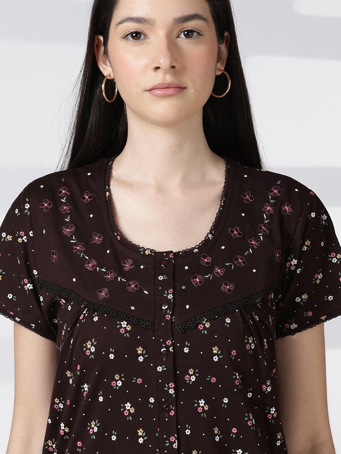 Cotton blend floral print soft feeding nighty for women