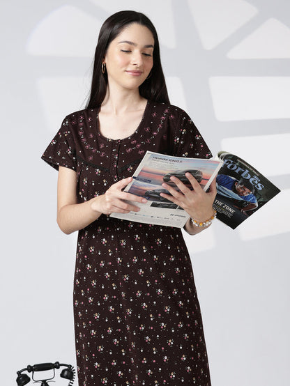 Cotton blend floral print soft feeding nighty for women