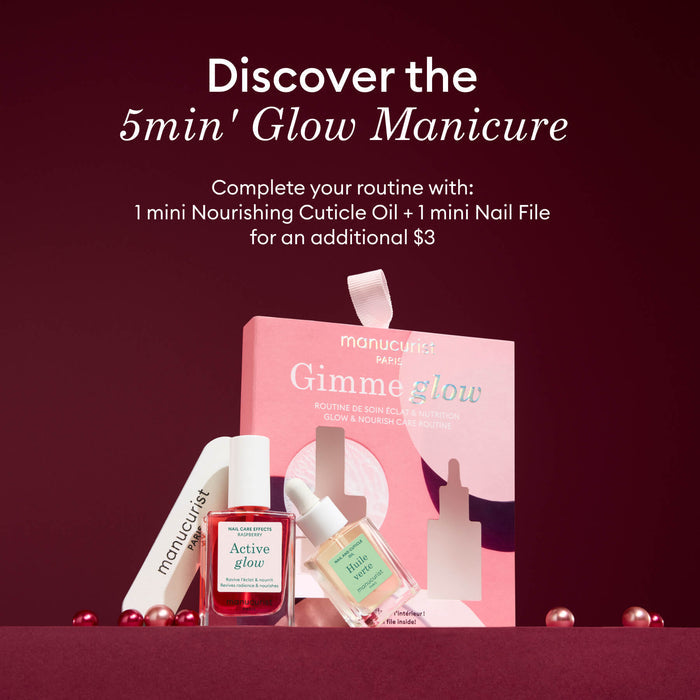A promotional image for the 5min Glow Manicure showcases a manicure set box, mini nail file, Active Glow nail polish, and Manucurist Nourishing Cuticle Oil for hydrated nails on a pink background with pearl accents.