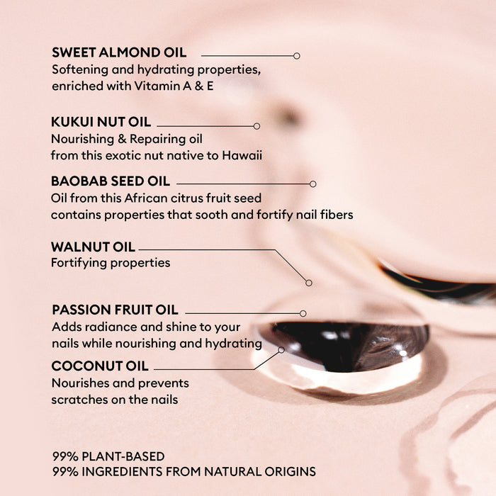 A close-up of clear oil drops on a pink surface, with text highlighting how Manucurist Nourishing Cuticle Oil—99% plant-based and natural—hydrates nails and is perfect as your daily cuticle or nail oil.