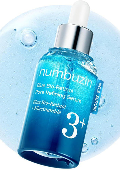 Blue Bio-Retinol Pore Refining Serum bottle with dropper on a light blue background