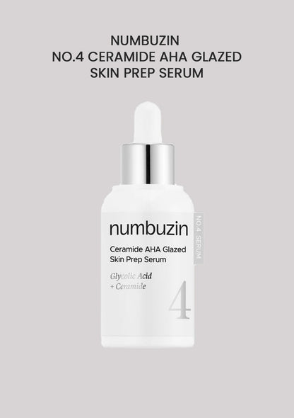Numbuzin Ceramide AHA Glazed Skin Prep Serum bottle on a gray background