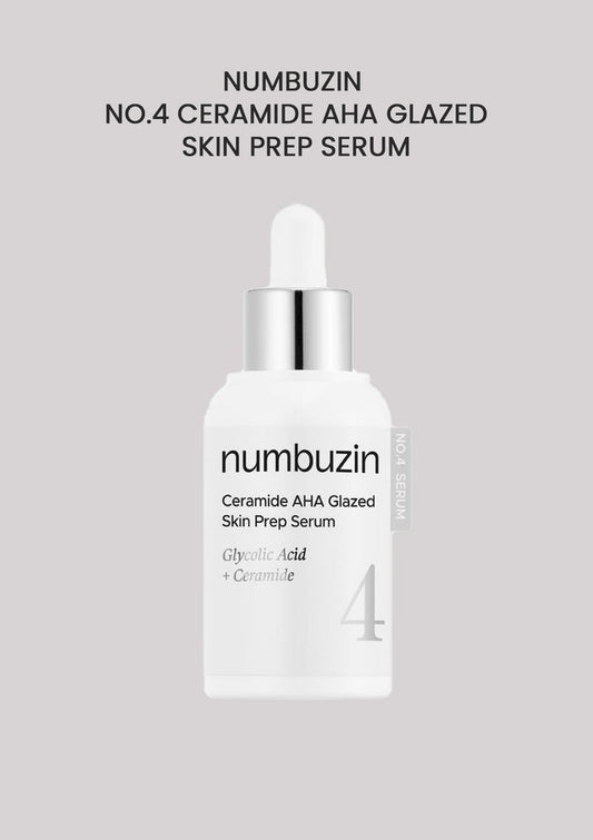 Numbuzin Ceramide AHA Glazed Skin Prep Serum bottle on a gray background
