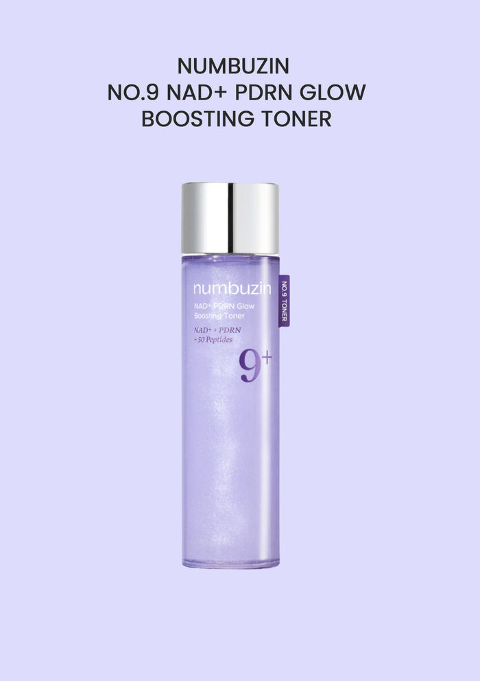 Numbuzin NO.9 NAD+ PDRN Glow Boosting Toner bottle on a light purple background