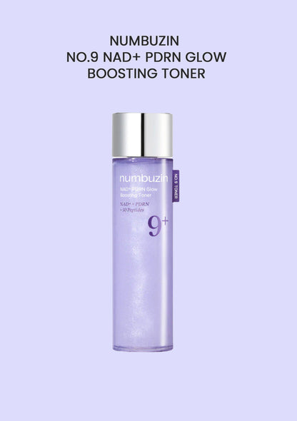 Numbuzin NO.9 NAD+ PDRN Glow Boosting Toner bottle on a light purple background
